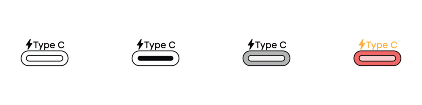 USB Type C charging port icon set. Universal power connection and fast charging symbol. Vector Illustration.