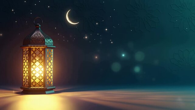 lantern glow at night with crescent moon and starry bokeh on reflective surface