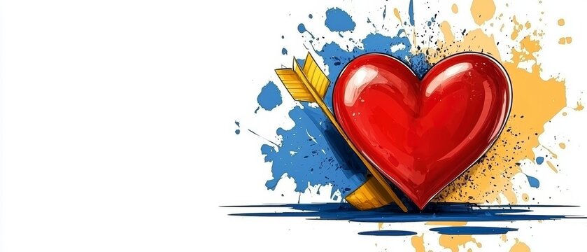 Romantic Heart with Cupid's Arrow and Artistic Blue Yellow Paint Splashes