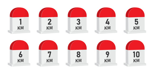 Road distance milestone markers set 1 to 10 km, Red and white kilometer stones for navigation route marathon distance indicator vector illustration
