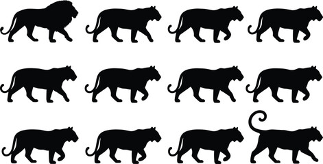 Visual puzzle of large cat silhouettes including panther and lion, showcasing differences in tails, mane, and walking poses. © Hello There