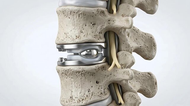 Detailed 3D Rendering of Lumbar Spine With Interbody Fusion Cage Implant Showing Vertebrae Discs and Spinal Nerves Against a Clean White Background