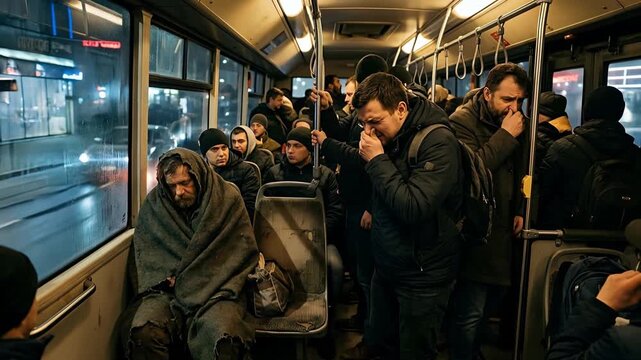 Downtrodden Man Wrapped in Blanket on Crowded City Bus at Night Facing Other Passengers with Concerned Expressions