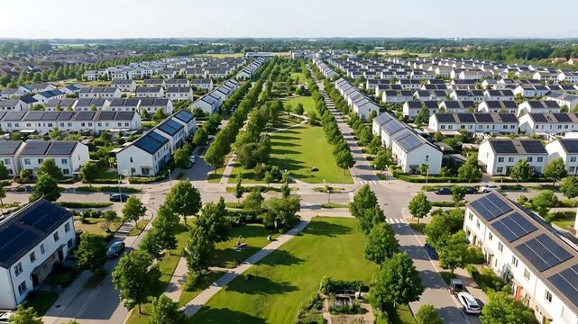 Expansive Aerial View of a Modern Suburban Neighborhood Featuring Rows of White Houses with Solar Panels on Rooftops Lined by Lush Green Trees and a