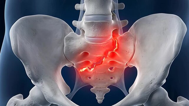 Human Pelvis Anatomy With A Sacrum Fracture Highlighted In Red With Pain Inflammation And A Dark Blue Gradient Background Medical Illustration