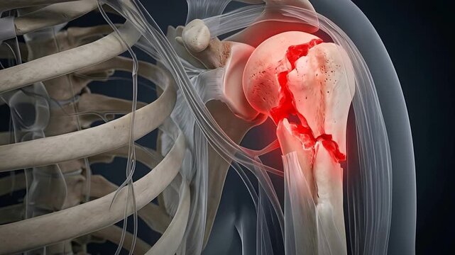 Anatomical illustration of a severe fractured humerus bone in the human shoulder joint highlighted in red showing extreme pain and trauma against a