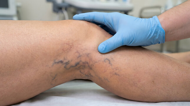A doctor's hand in a blue glove gently examines a patient's leg with prominent varicose veins in a medical setting