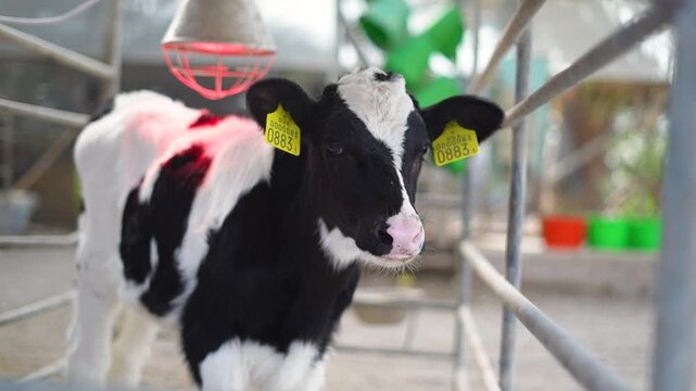 Close-up of young calf inside dairy facility at Kibbutz Yotvata, southern Israel, standing under red heat lamp and briefly turning head toward camera.
