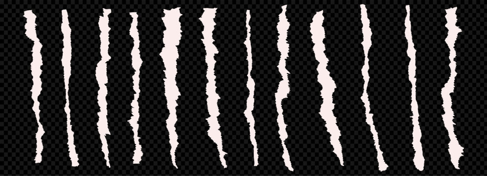 Ripped pieces of paper stripes torn edge set. Ripped strips of white colors at transparent background. Ripped newspaper clip art. Ripped paper note border grunge brush stroke