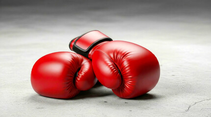 Red boxing gloves closeup on concrete floor, studio shot