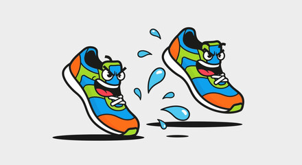 Energetic cartoon running shoes with expressive faces and sweat drops
