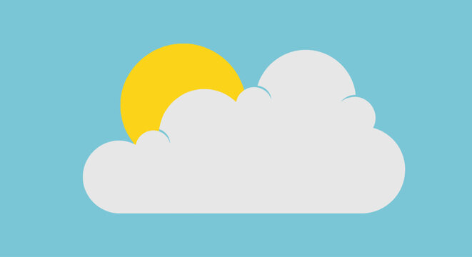 Flat design sun peeking behind white cloud on blue sky