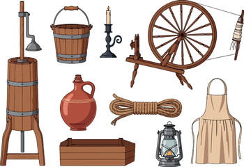 Assorted traditional household items including a wooden wheel and utensils on a clean background viewed from directly above