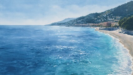 南フランスの海岸都市と青い海 水彩タッチの風景イラスト