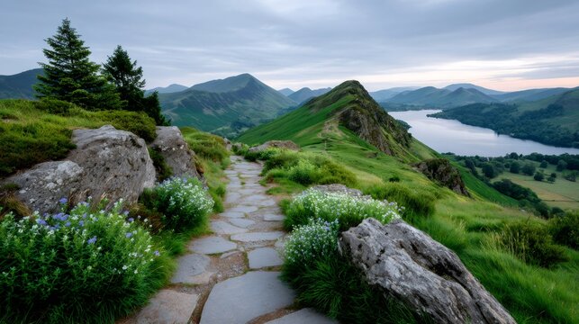 Catbells hiking path leading to Derwent Water, Lake District