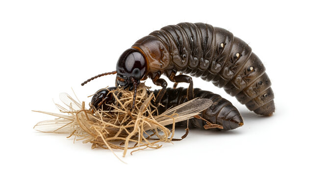 Black larva feeding on dead insect in nest of plant fibers; close-up macro photograph of beetle grub devouring carcass on white backdrop