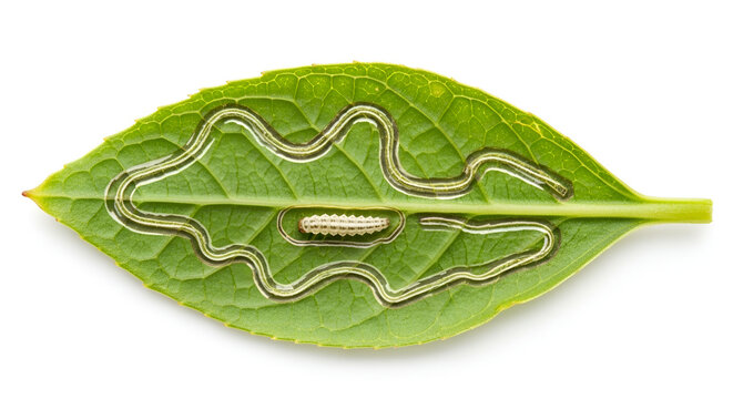 Caterpillar larva feeding inside a leaf creating a leaf mine illuminated with vibrant colors on a white backdrop for print and web use