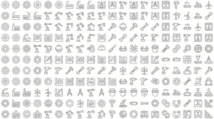 Fototapeta premium Comprehensive set of industrial line icons including gears, robotic arms, factory buildings and engineering tools on white, ideal for technical infographics, web design and business software