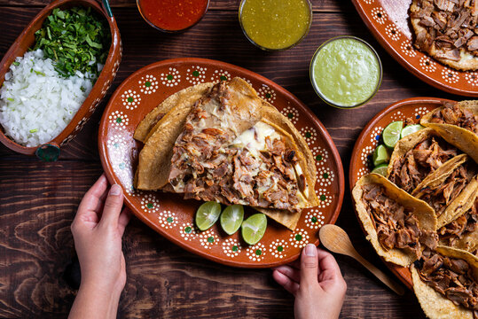 Delicious Traditional Street Style Taco Al Pastor Dish on Wooden Table
