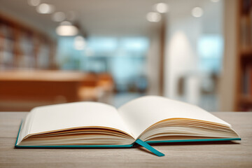 Obraz premium Open blank notebook with teal silk bookmark on wooden table for education planning and creative writing goals, Back to School