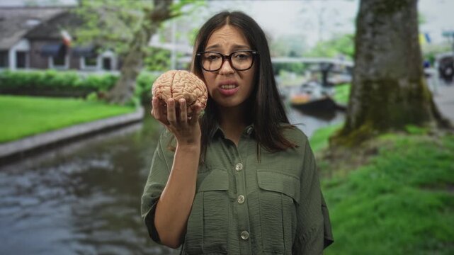 Young brunette woman with glasses holds anatomical brain prop in outstretched hand beside park canal and mossy tree with boat in view; disgust curiosity.