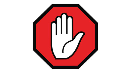 Fototapeta premium A red octagonal sign with a white hand palm facing outward in a stopping gesture