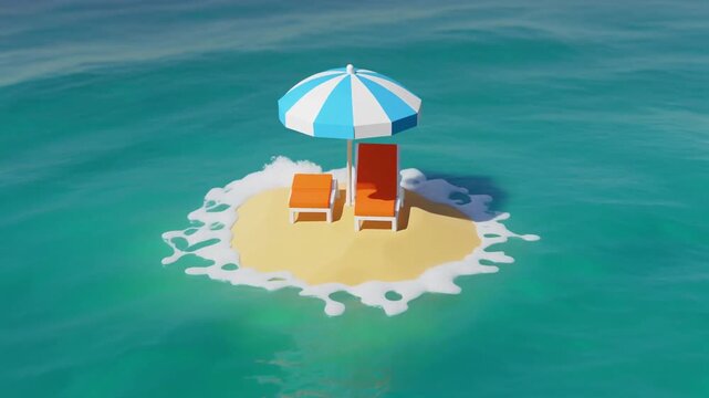 Stylized Tropical Island with Sun Loungers and Parasol in Clear Water