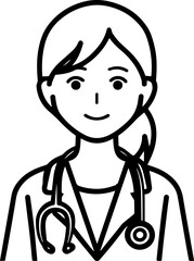 Obraz premium Hand Drawn Female Doctor Black and White Avatar Illustration in Minimal Line Art Style Design