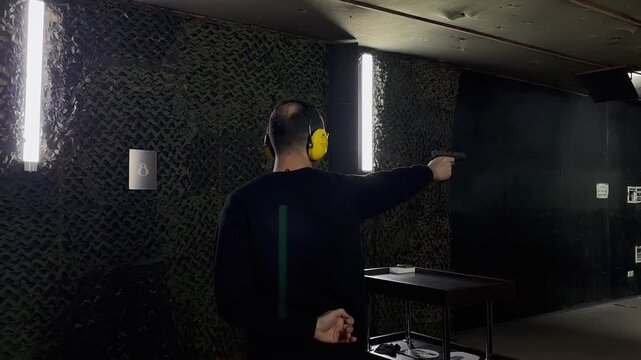 Man points a pistol at a target at shooting range. Shooter aims and fires at a target during shooting practice.