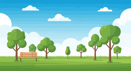 Obraz premium Green park landscape with trees, bench, blue sky, and clouds