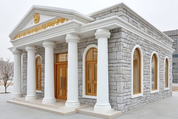 Obraz premium Ornate Stone Building with White Columns and Gold Trim Under Neutral Lighting Style