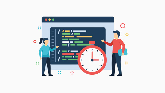 Software developers working on computer code with a large stopwatch icon representing time management, deadlines, and project efficiency.