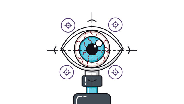 Medical or futuristic eye examination concept showing an eye with red veins under a lens and target icons for healthcare and technology.