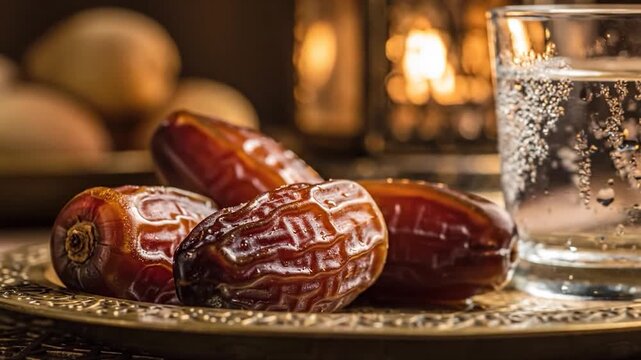 Sweet dates and refreshing water on a decorative plate for a traditional meal
