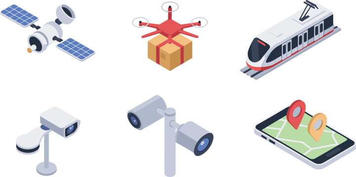 Smart transportation and surveillance technology isometric vector icon set with satellite delivery drone metro train CCTV cameras and GPS navigation