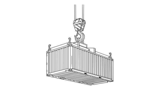 Industrial line art drawing showing a crane hook securely holding a large shipping container for transport and logistic purposes.
