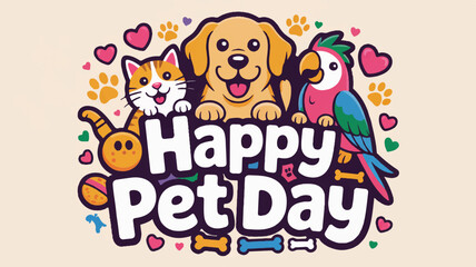Fototapeta premium Colorful happy pet day banner with dog cat parrot hearts and paw prints on beige background