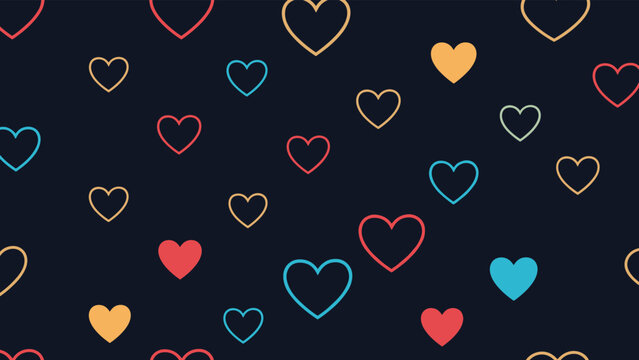 Playful seamless pattern of simple heart outlines in various bright colors on a dark blue background for valentine cards.