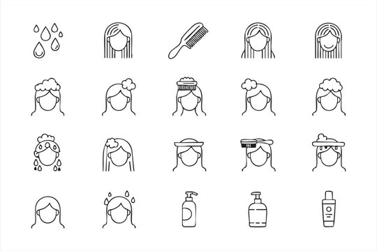 Minimal hair care line icon set with shampoo comb hair wash and beauty routine symbols for salon branding and cosmetic packaging