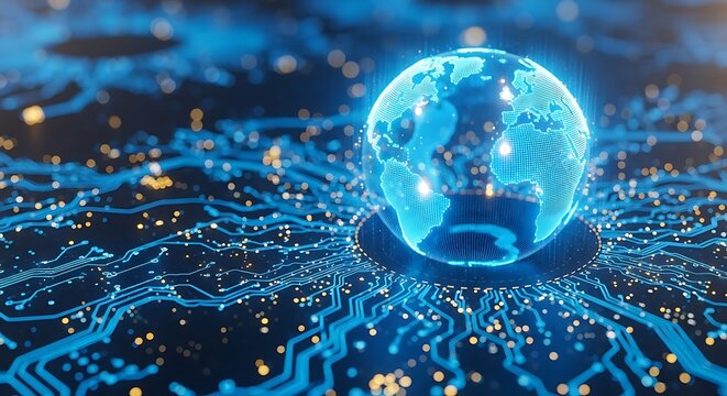 Digital earth globe with glowing network connections on futuristic blue circuit board background technology concept