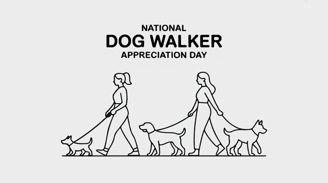 National dog walker appreciation day illustration with people walking dogs in simple line art style