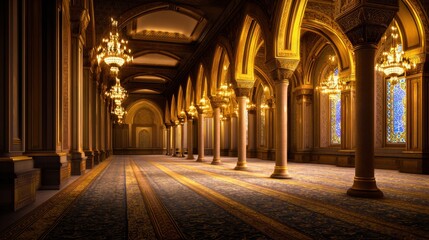 Obraz premium A grand interior hall adorned with golden chandeliers, ornate columns, and vibrant stained glass
