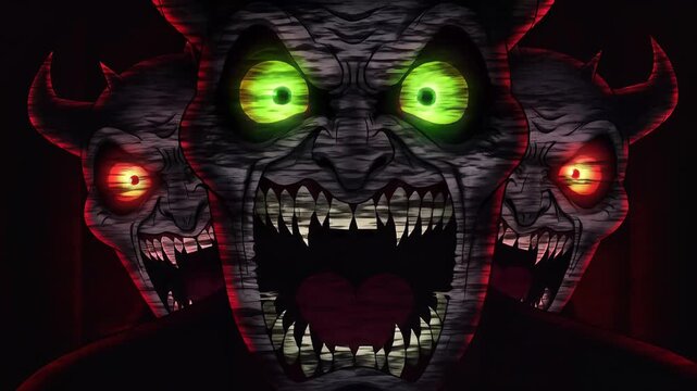 Intense three-headed Cerberus silhouette with glowing green eyes emerging from darkness and shadow.