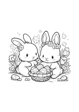 Cute Easter Bunnies Coloring Page. Kawaii Rabbit Couple with Egg Basket in Spring Garden. Black and White Line Art Illustration for Kids Holiday Activity.
