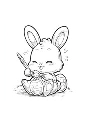 Obraz premium Adorable Kawaii Easter Bunny coloring page illustration. Cute baby rabbit character painting an egg for a children's holiday activity or printable craft project.