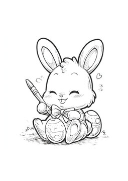 Adorable Kawaii Easter Bunny coloring page illustration. Cute baby rabbit character painting an egg for a children's holiday activity or printable craft project.