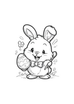 Cute Easter Bunny coloring page for kids, a kawaii rabbit with a paintbrush and egg. A fun spring holiday activity sheet or printable craft for children.