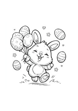 Cute Easter Bunny coloring page for kids. Joyful rabbit jumping with egg balloons, a printable spring holiday activity sheet. Black and white line art illustration.