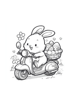 Kawaii Easter Bunny Coloring Page, Cute Rabbit on a Scooter Delivering Easter Eggs. Fun Holiday Activity for Kids. Black and White Line Art Illustration.