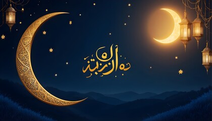 Naklejka premium Untitled design - 1Luxury Eid Mubarak Banner with Golden Crescent Moon and Lanterns Islamic Background